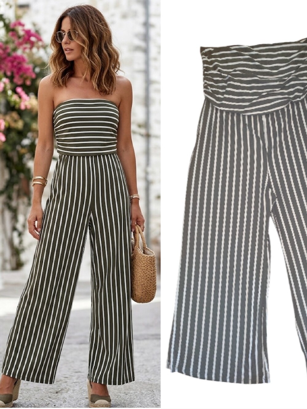 VIBE Green White Striped Strapless Highrise Wide Leg Jumpsuit Plus 2X Resortwear